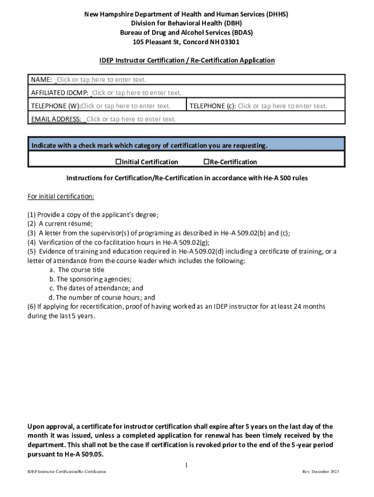 New Hampshire IDEP Instructor Certification Application  Form