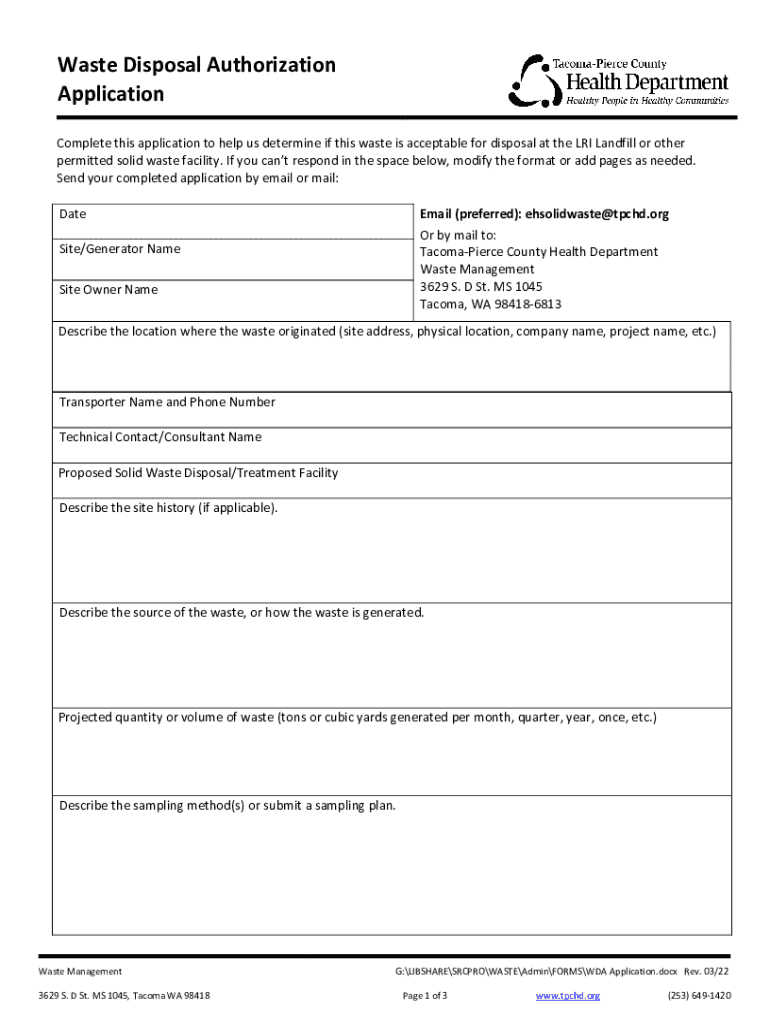  Waste Disposal Authorization Application 2022-2026