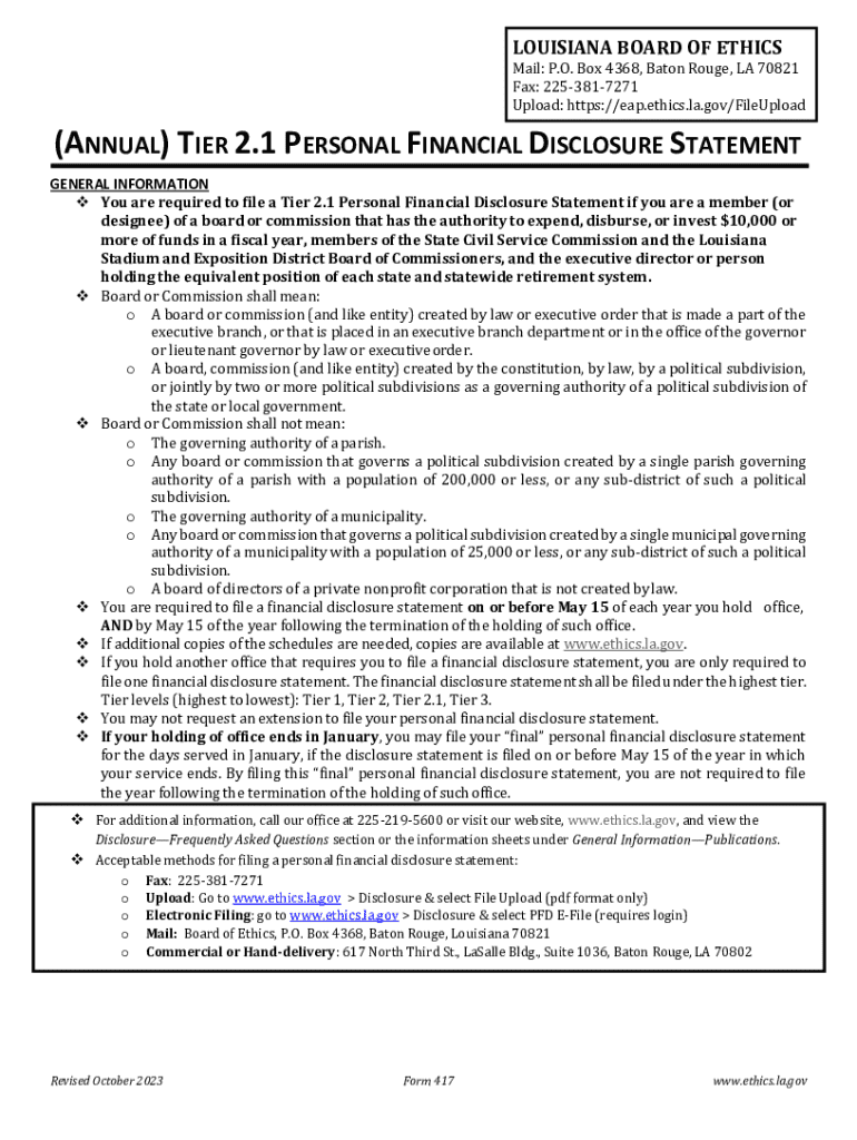  Louisiana Tier 2 1 Personal Financial Disclosure Statement 2023-2026