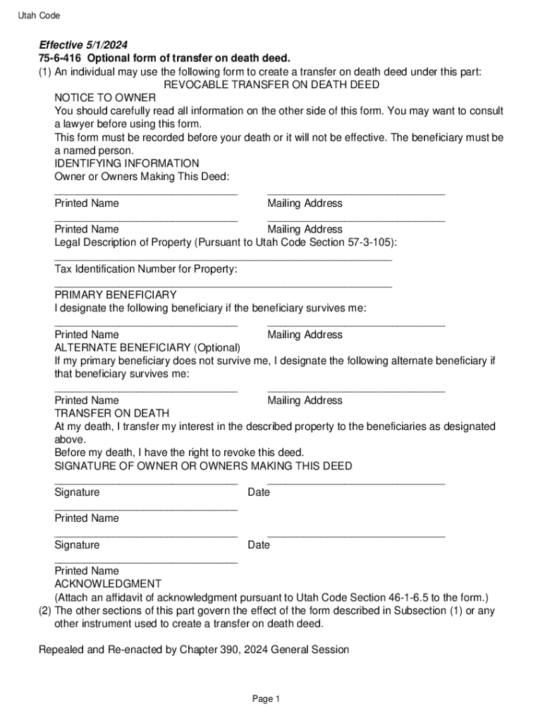  Utah Transfer on Death Deed Form 2024-2026
