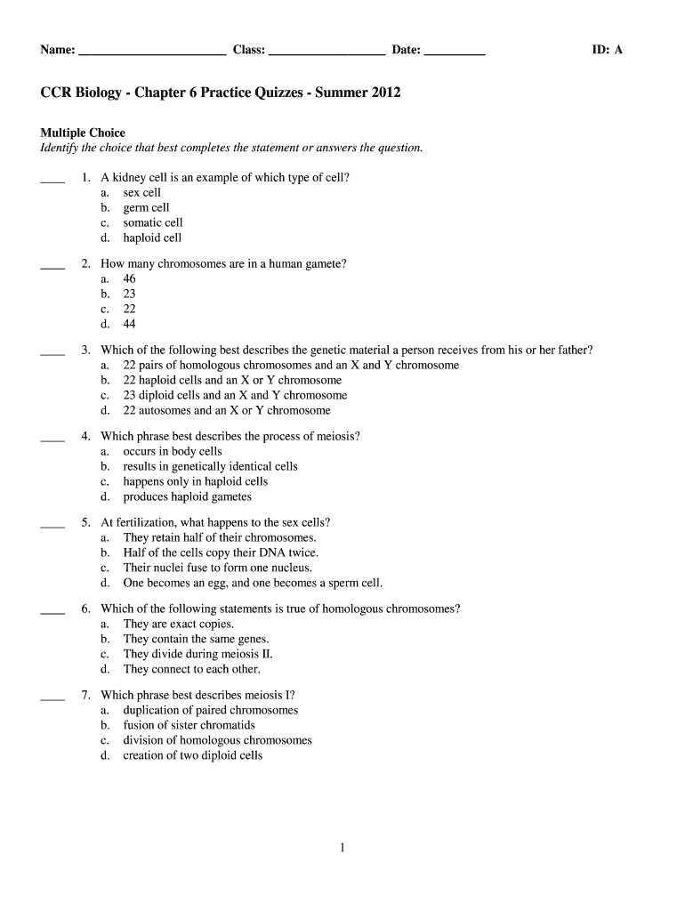 Biology Chapter 6 Test PDF  Form