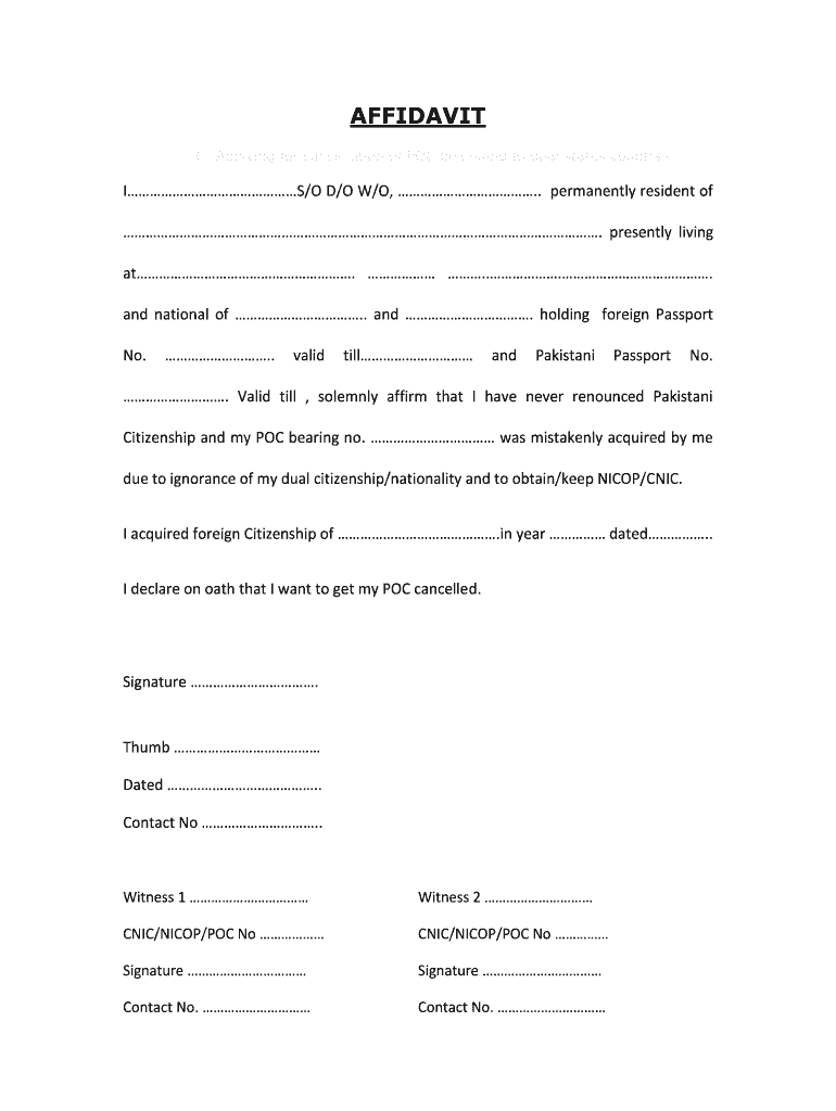 Affidavit for Poc Cancellation as Per Nadra Prescribed Form