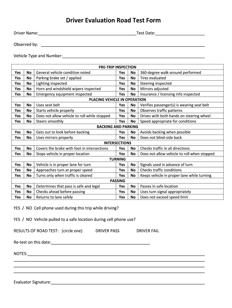 Road Test Form Tractor Trailer