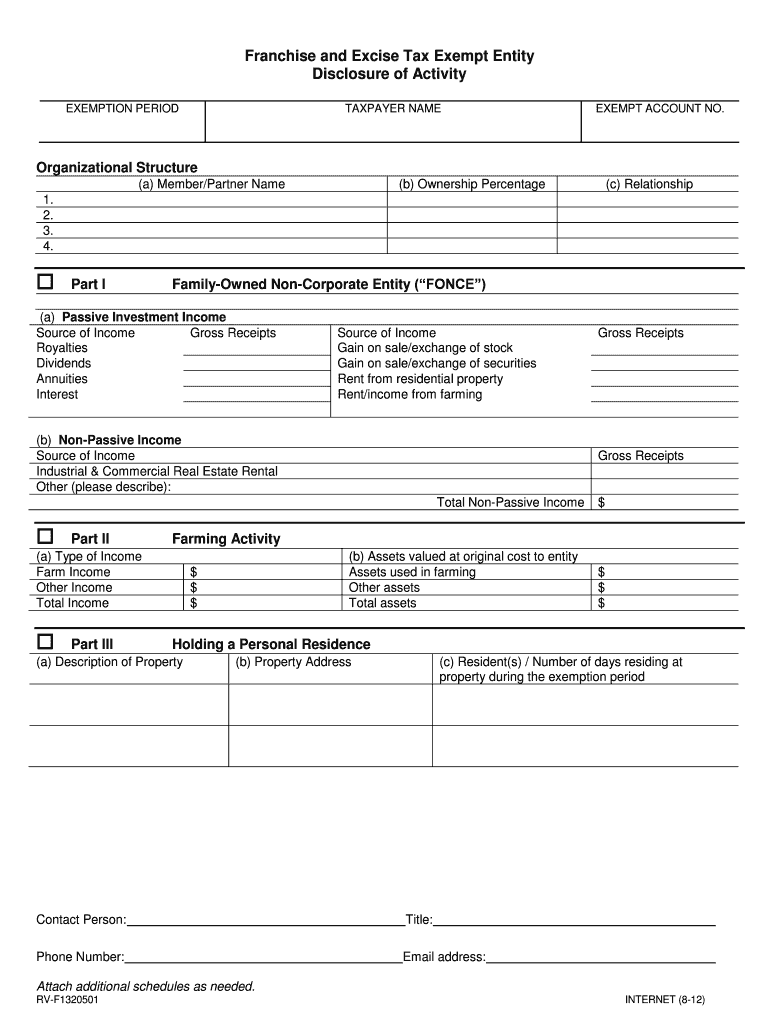  Franchise and Excise Tax Exempt Entity Disclosure of Activity  Form 2012