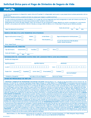 Solicitud Unica Para El Pago De Siniestro De Seguro De Vida Metlife  Form