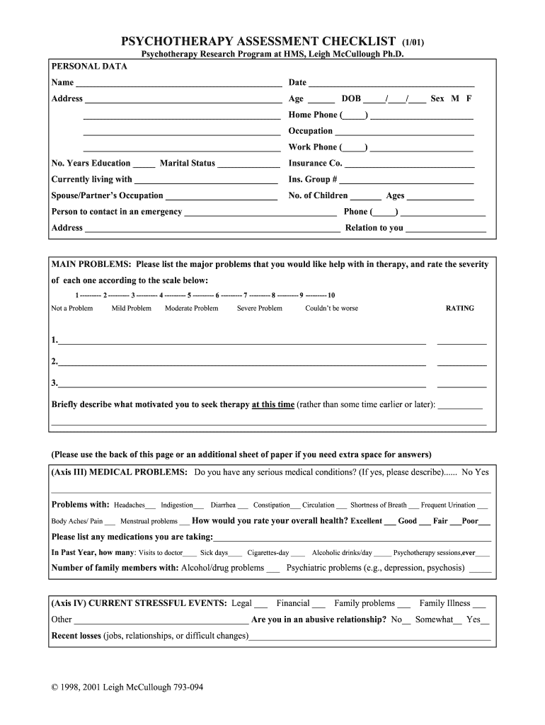 Psychotherapy Assessment Checklist  Form