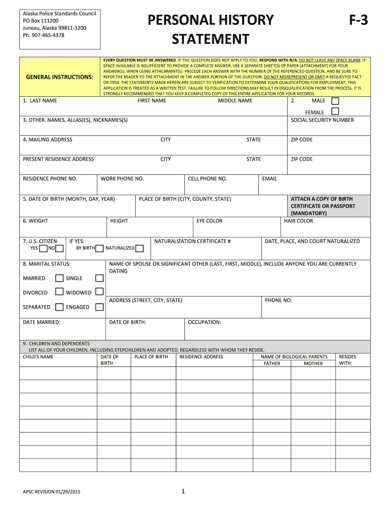 PERSONAL HISTORY STATEMENT F 3  Alaska Department of Public  Form