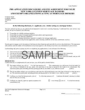 PRE APPLICATION DISCLOSURE and FEE AGREEMENT for USE by NEW YORK REGISTERED MORTGAGE BROKERS  Form