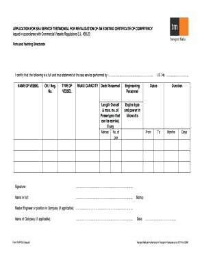 Form TM PYD 210 Application for Sea Service Testimonial for Revalidation of an Existing Certificate of Competency Issue 3 DOC