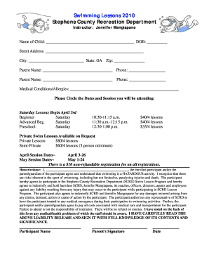 Swimming Lesson Registration Form