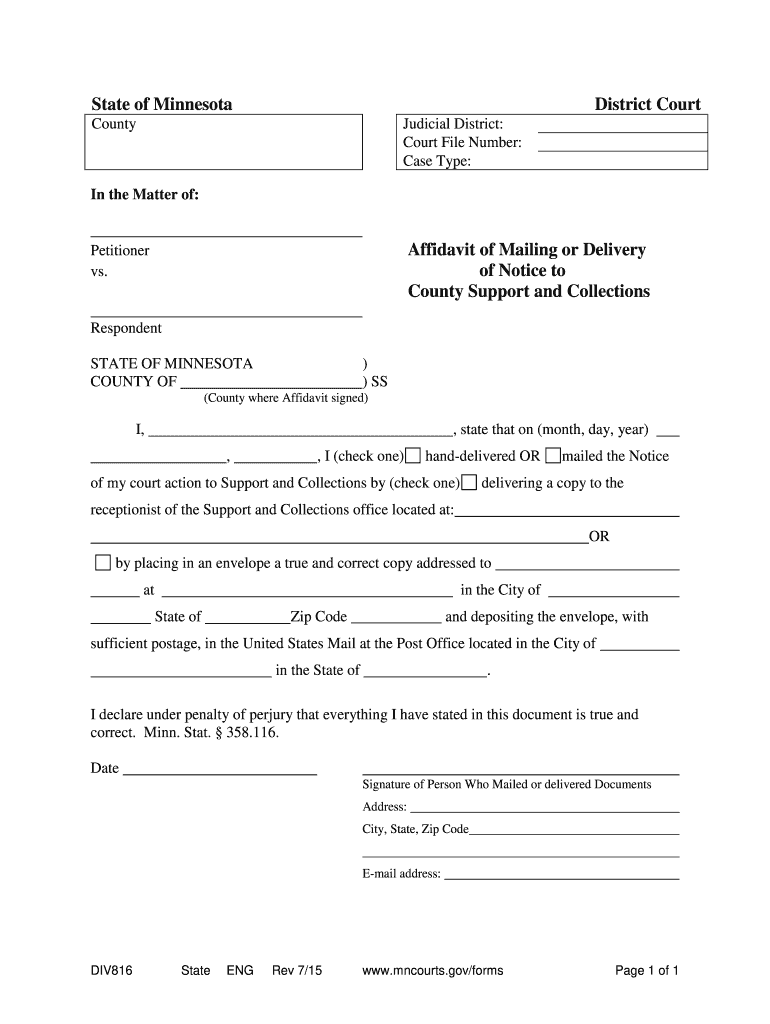 Get and Sign State of Minnesota District Court Affidavit of Mailing or Delivery of    Mncourts 2015-2022 Form