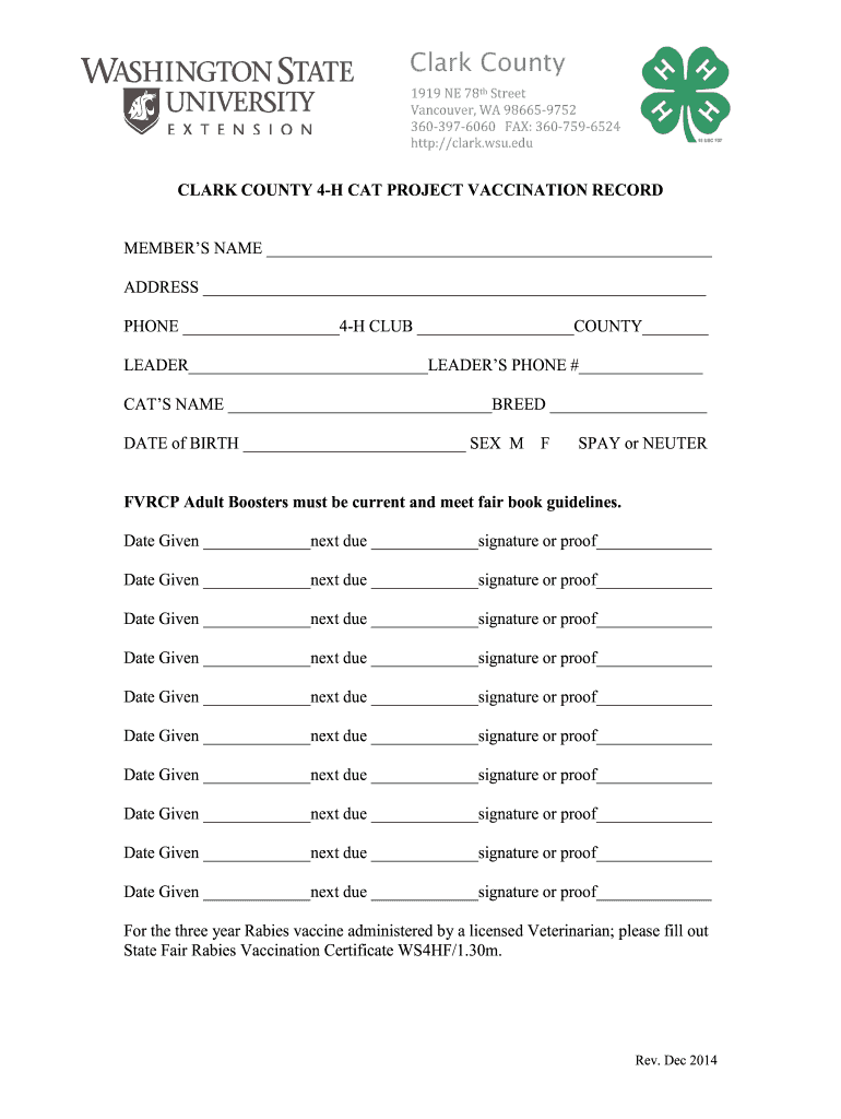  4 H Cat Health Record 2014-2024