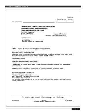 Pet Exam Sample Papers  Form