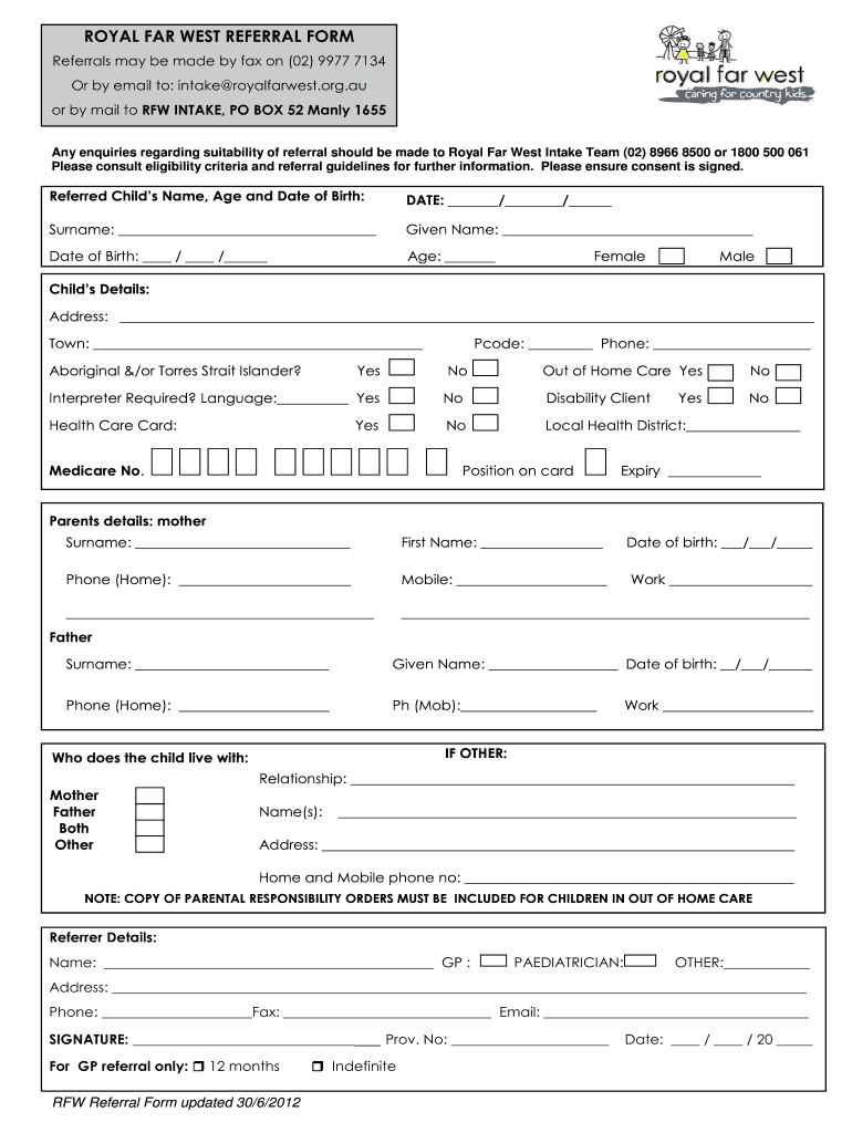 Get and Sign Royal Far West Referral 2012-2022 Form