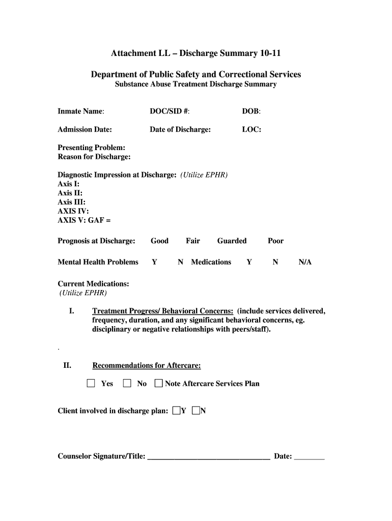 DPSCS IFB Q0015010 Substance Abuse Treatment Services Attachment LL Discharge Summary 10 11 DPSCS IFB Q0015010 Substance Abuse T  Form