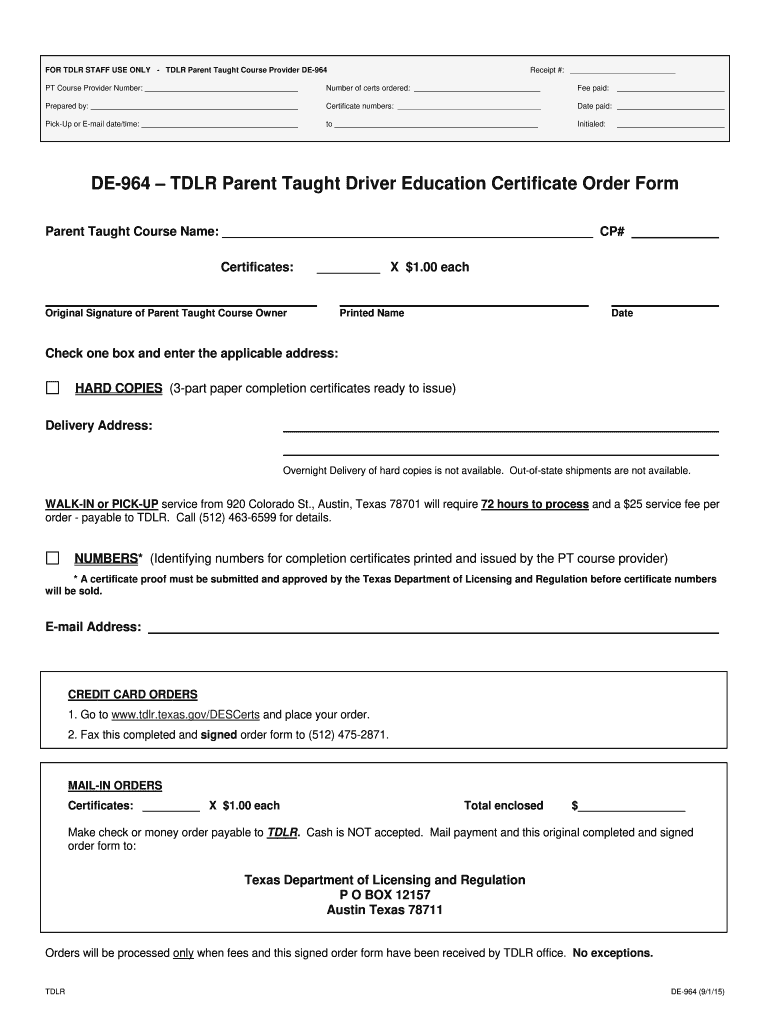  DE 964 TDLR Parent Taught Driver Education Certificate Order 2015