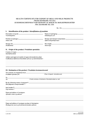 HEALTH CERTIFICATE for EXPORT of MILK and MILK PRODUCTS  Form