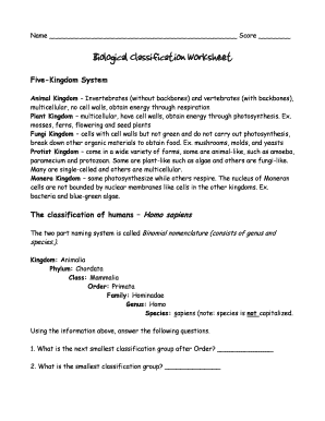 Biological Classification Worksheet Answer Key PDF  Form