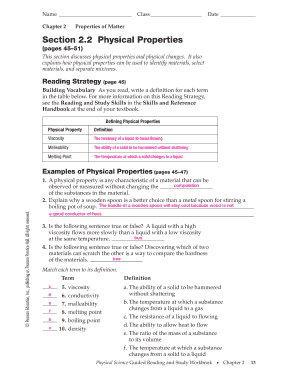 Chapter 2 Properties of Matter Answer Key  Form