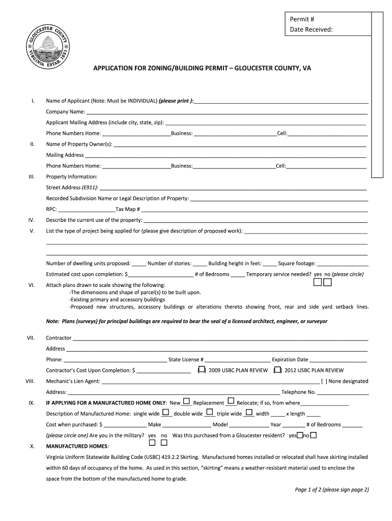 Building Permit Application Gloucester County Virginia Gloucesterva  Form