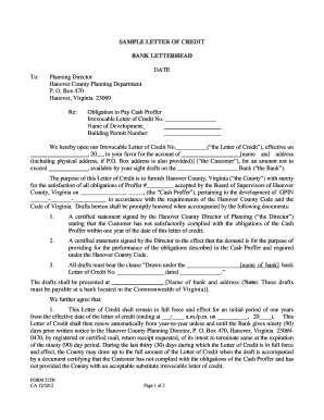 Cash Proffer Sample Letter of Credit Bonds & Performance Agreements