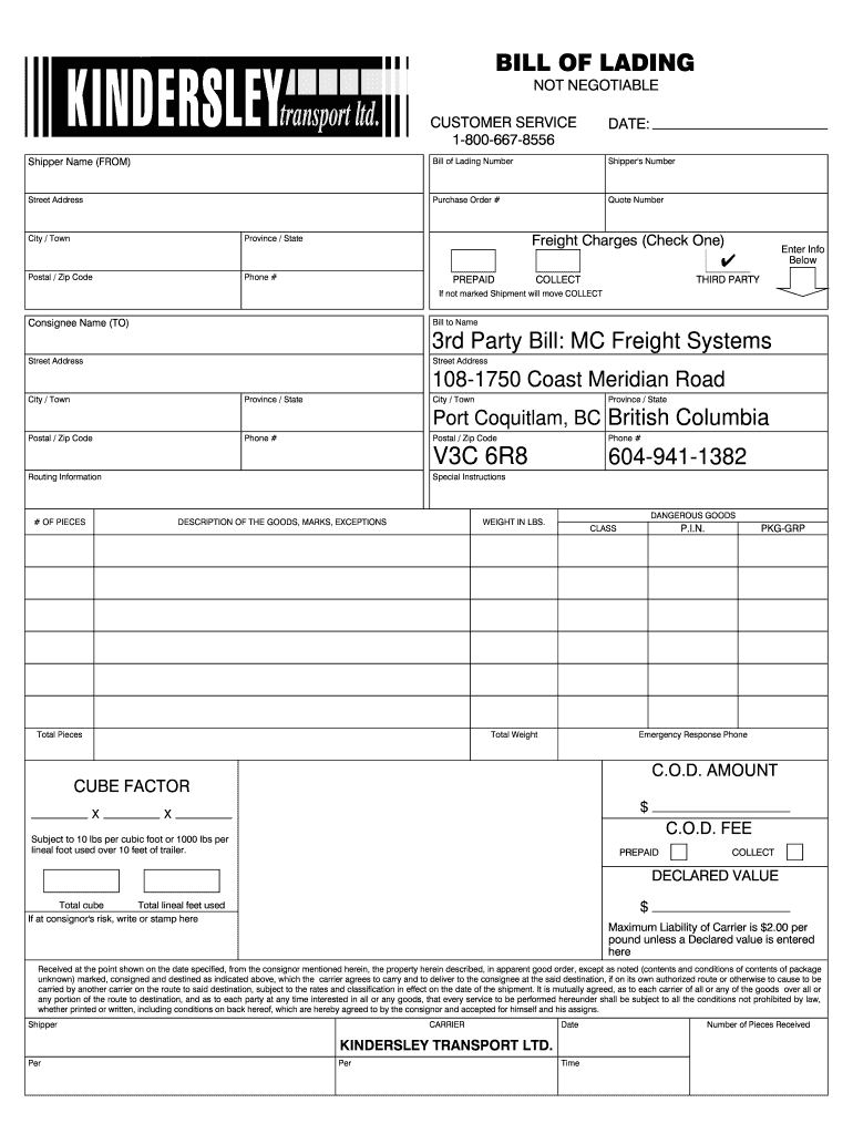 Get and Sign Kindersley Bill of Lading  Form