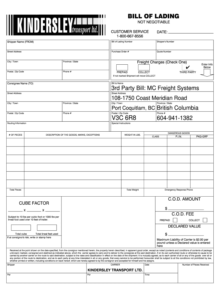 Kindersley Bill of Lading  Form