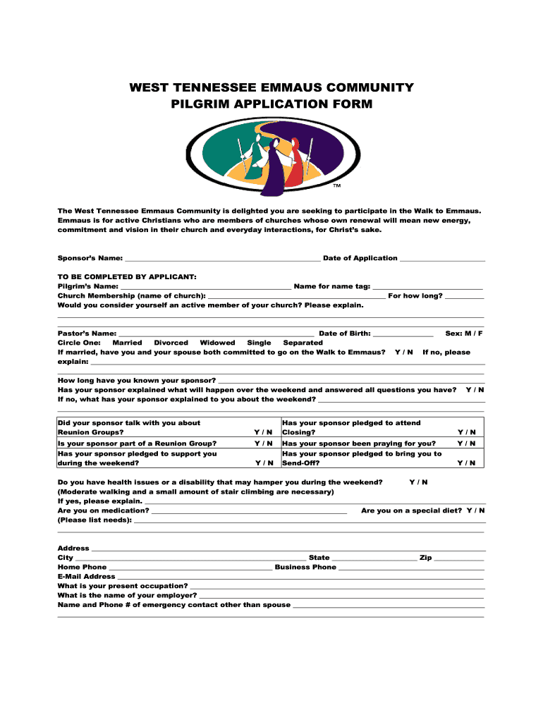 West Tennessee Emmaus Walk Forms