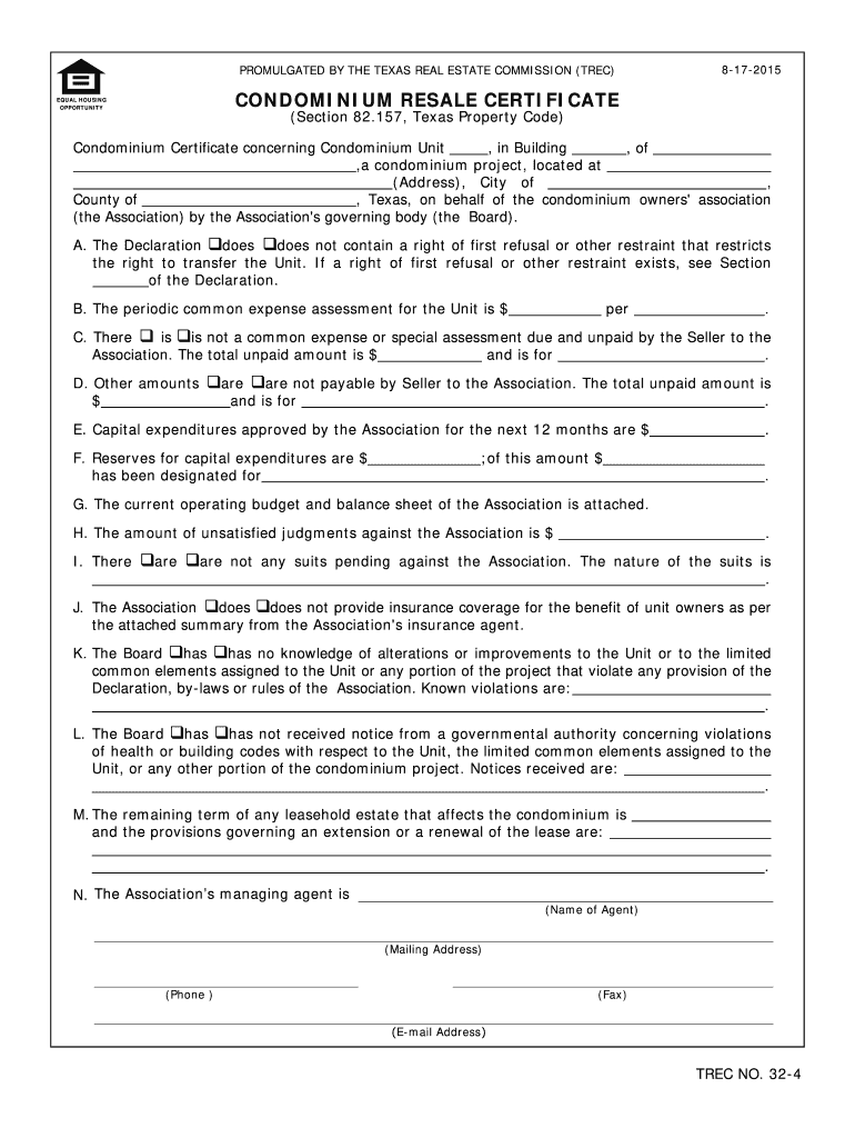 Condominium Resale Certificate Texas  Form