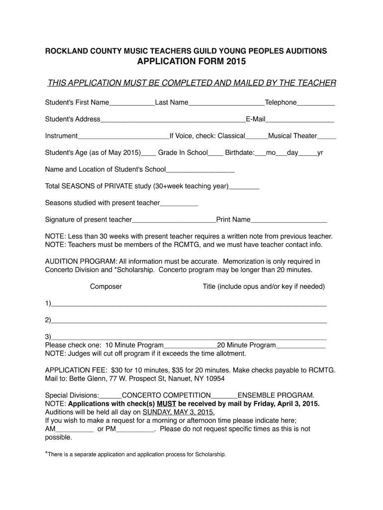  Application Form for RCMTG Auditions  Rcmtg 2015