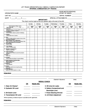 Lift Truck Operator&#039;s Daily Weekly Inspection Report  Form