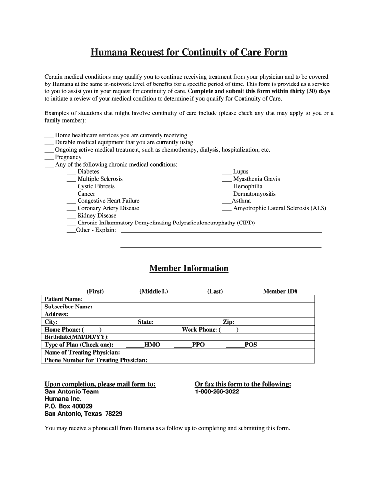 Humana Continuity of Care Form