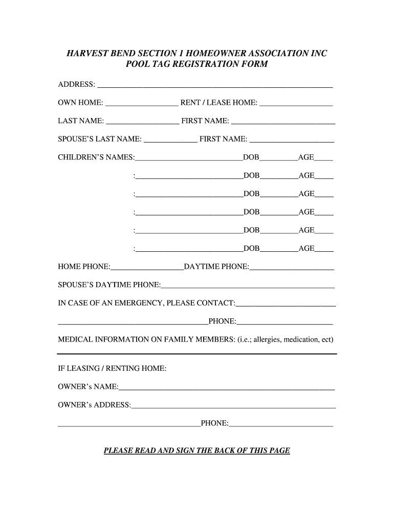 Harvest Bend Pool Tags  Form