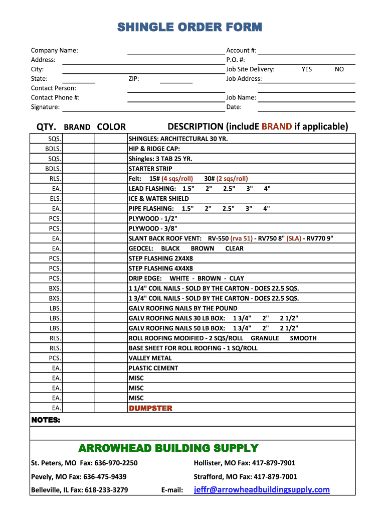 SHINGLE ORDER FORM Arrowhead Building Supply