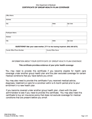 ODM03748 Certificate of Group Plan Health Coverage Ohio  Form