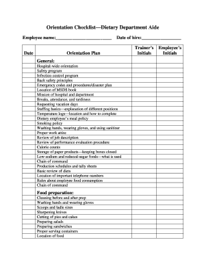 Dietary Department Orientation  Form