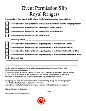 Event Permission Slip Royal Rangers  Form