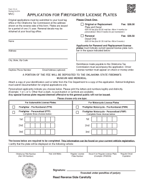  Application for Firefighter License Plates Oklahoma Ok 2014