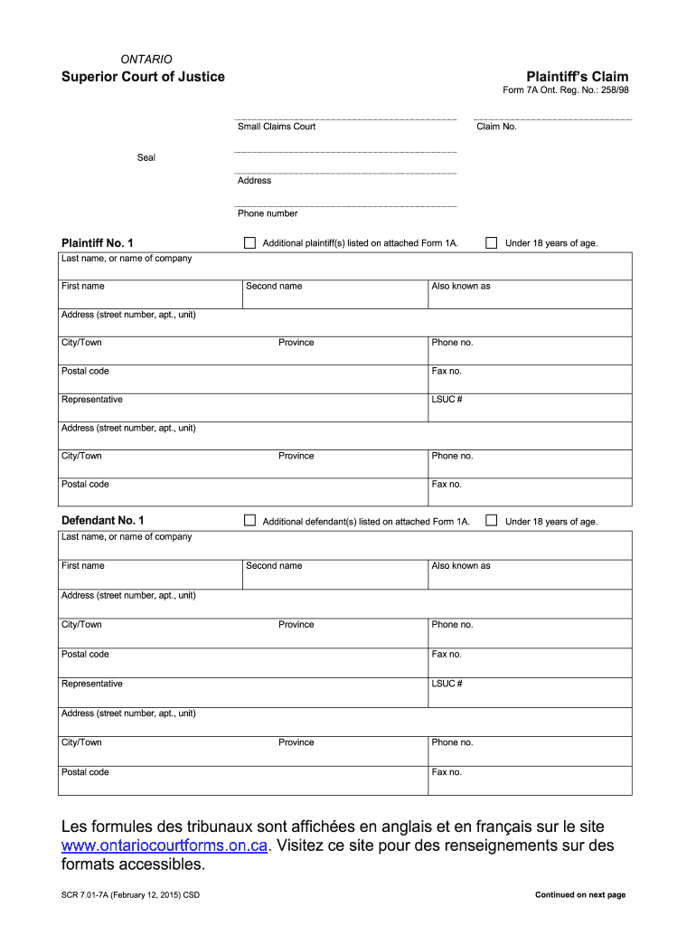  SCR 7 01 7A Form 7A, Plaintiff S Claim  Ontariocourtforms on 2015