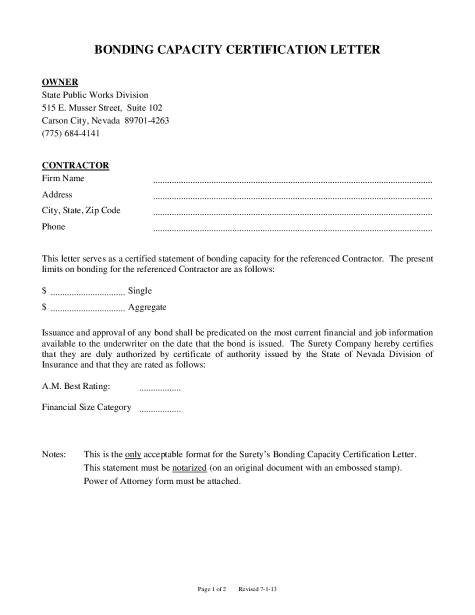 Bonding Capacity Certification Letter Public Works Division State of  Form