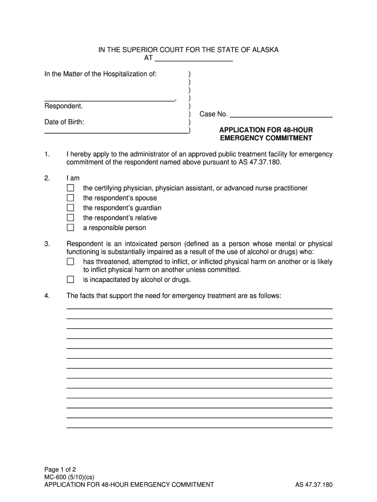 MC 600 Application for Emergency Commitment 5 10 Mental Commitment  Form