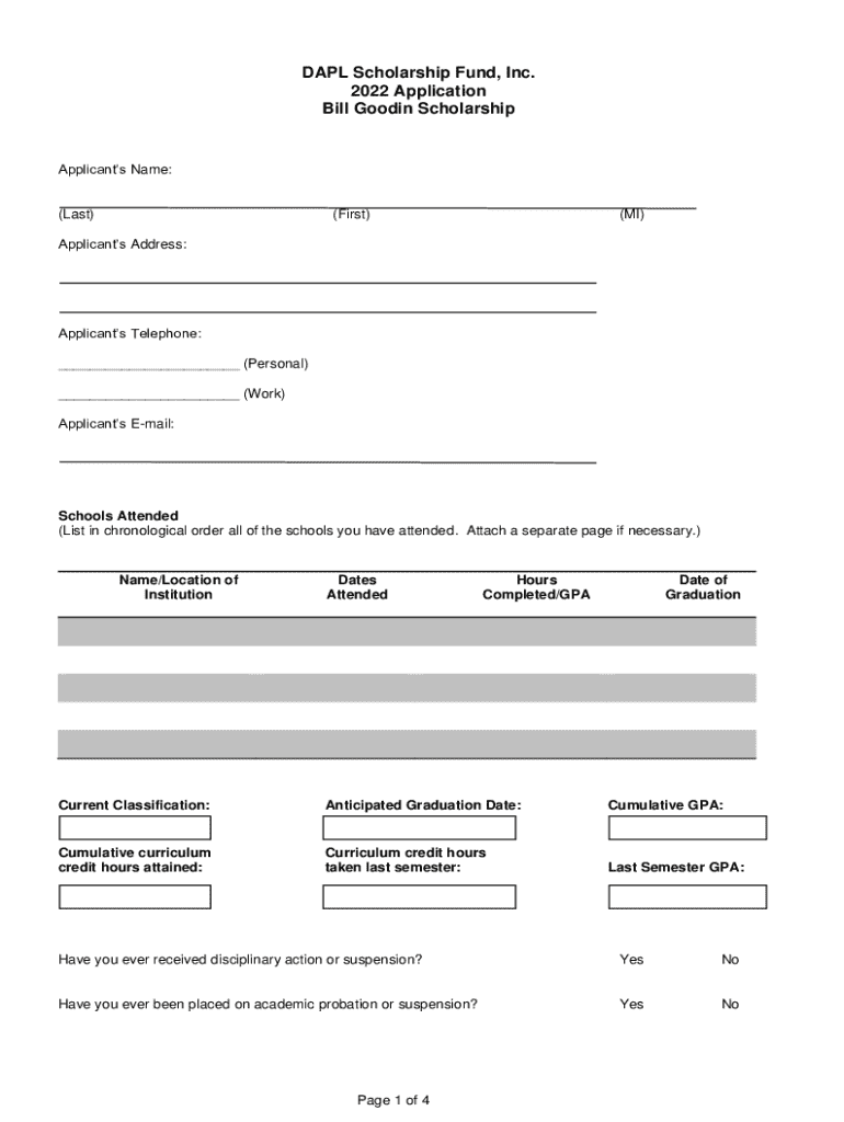 Bill Goodin Scholarship Application  Form