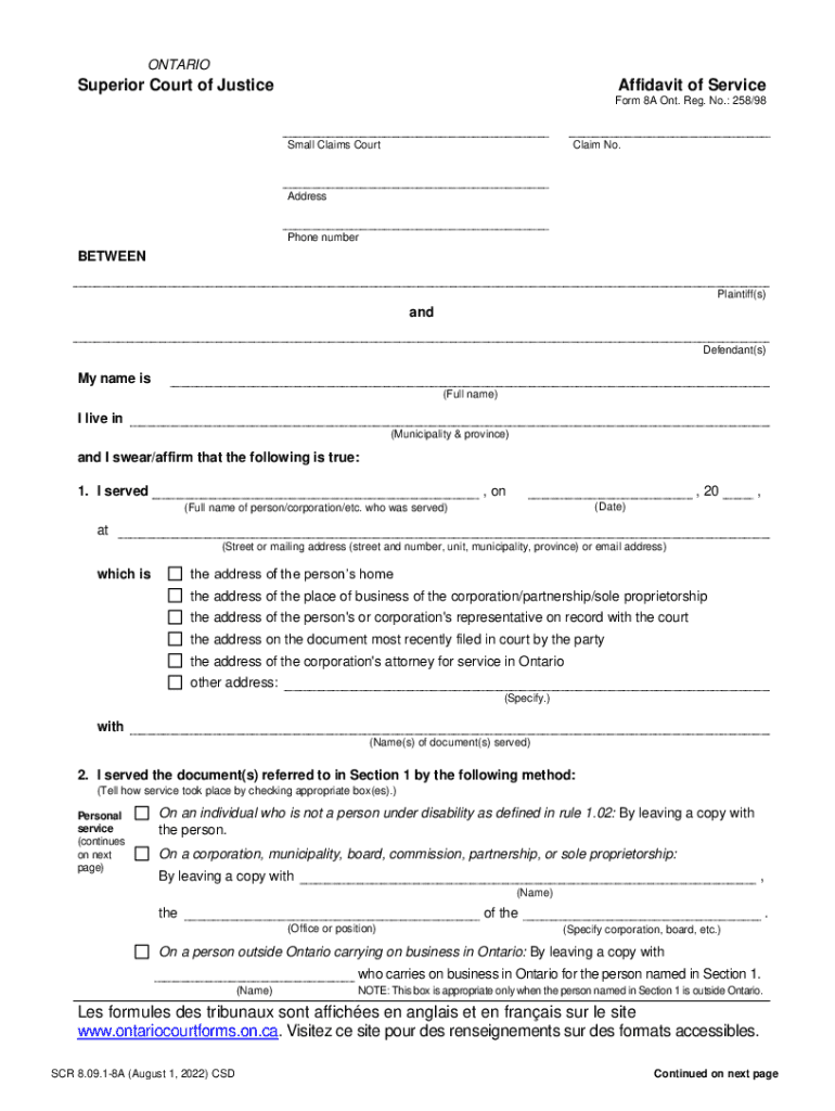 Ontario Superior Court Affidavit of Service Form 8A