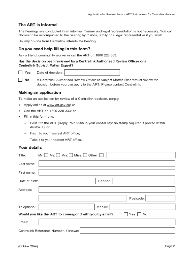 Application for Review Form ART First Review of a Centrelink Decision