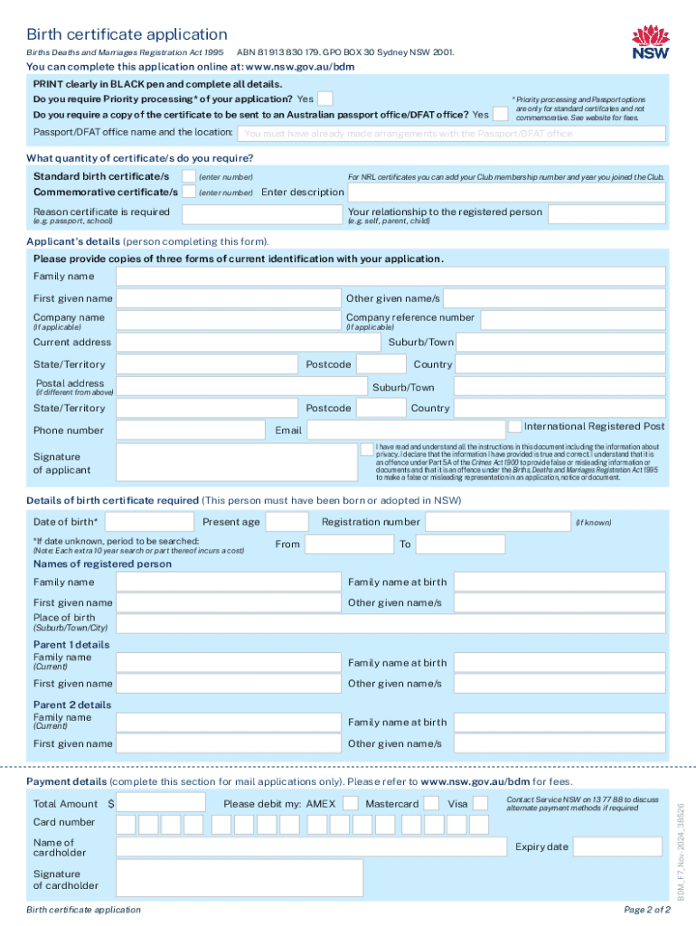 NSW Birth Certificate Application Form