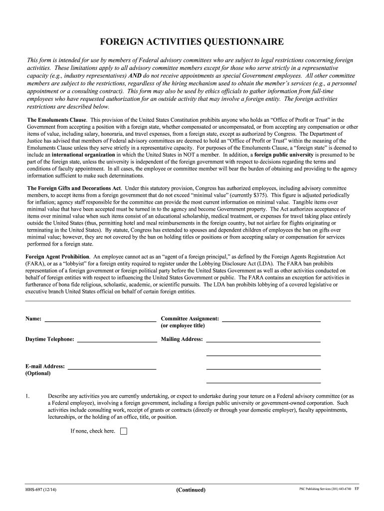  FORM HHS 697 Foreign Activities Questionnaire  Hhs 2014