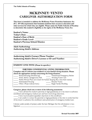 McKinney Vento Caregiver Authorization Form Public Schools