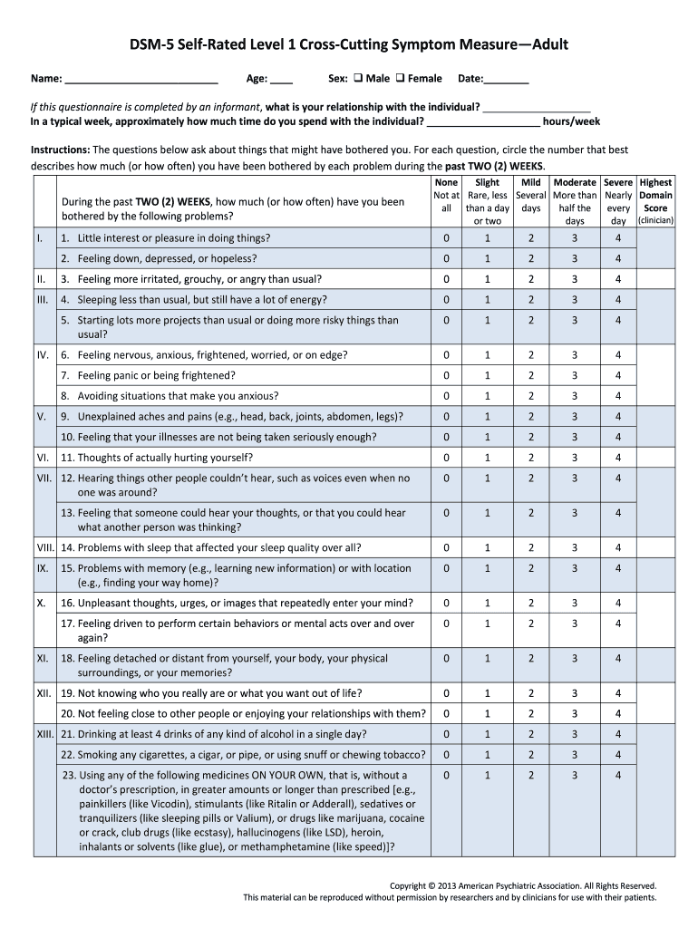 DSM 5 Self Rated Level 1 Cross Cutting Symptom Measure Adult Name Age Sex  Form