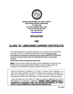 Class B Limousine Carrier Certificate  Form