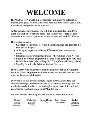Pta Welcome Letter to Parents  Form